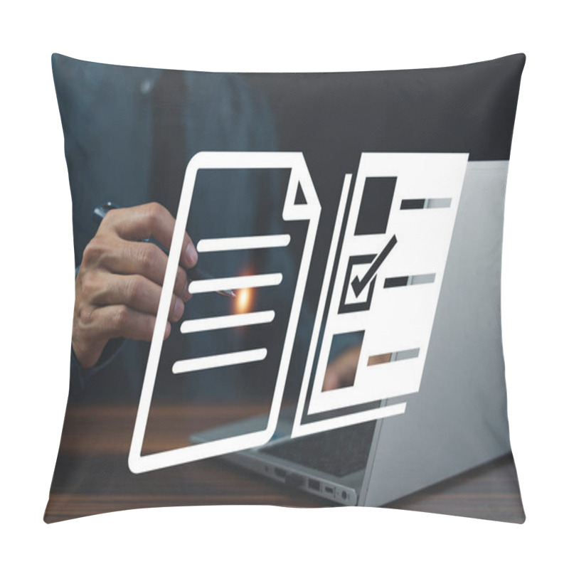 Personality  Businessman Reviews The Steps Using A Virtual Online Document And Paperwork. Pillow Covers