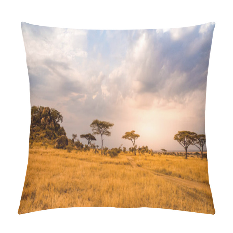 Personality  Game Drive On Dirt Road With Safari Car In Serengeti National Park In Beautiful Landscape Scenery, Tanzania, Africa Pillow Covers