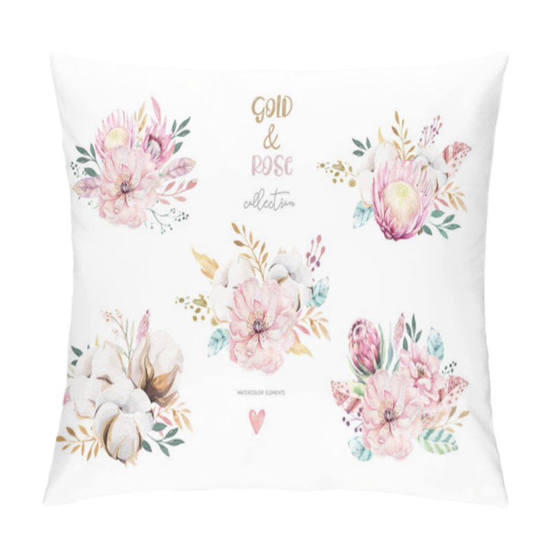 Personality  Watercolor Boho Floral Set. Bohemian Natural Frame: Leaves, Feathers, Flowers, Isolated On White Background. Artistic Decoration. Save The Date, Weddign Design, Valentines Day. Pillow Covers