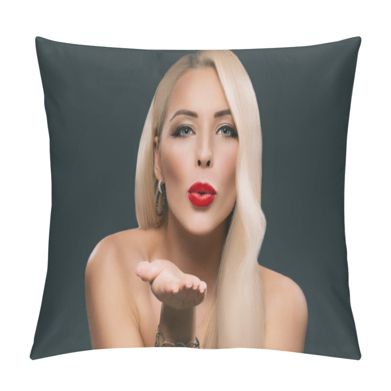 Personality  Beautiful Blonde Woman With Makeup And Hairstyle Blowing Kiss, Isolated On Grey Pillow Covers