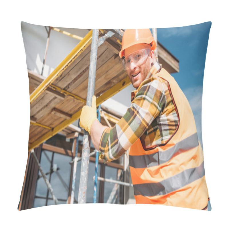 Personality  Handsome Builder Climbing On Scaffolding At Construction Site And Looking At Camera Pillow Covers