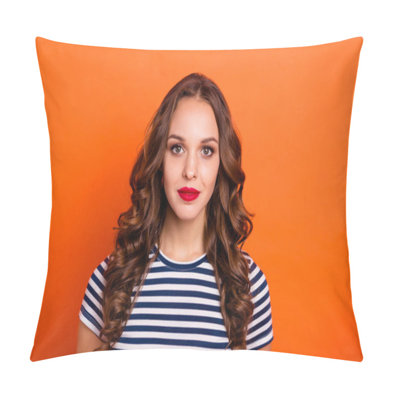 Personality  Close Up Photo Amazing Beautiful She Her Lady Allure Tempting Red Lips Kindhearted Sincere Green Eyes Ideal Appearance Wear Casual Striped White Blue T-shirt Clothes Isolated Orange Bright Background Pillow Covers