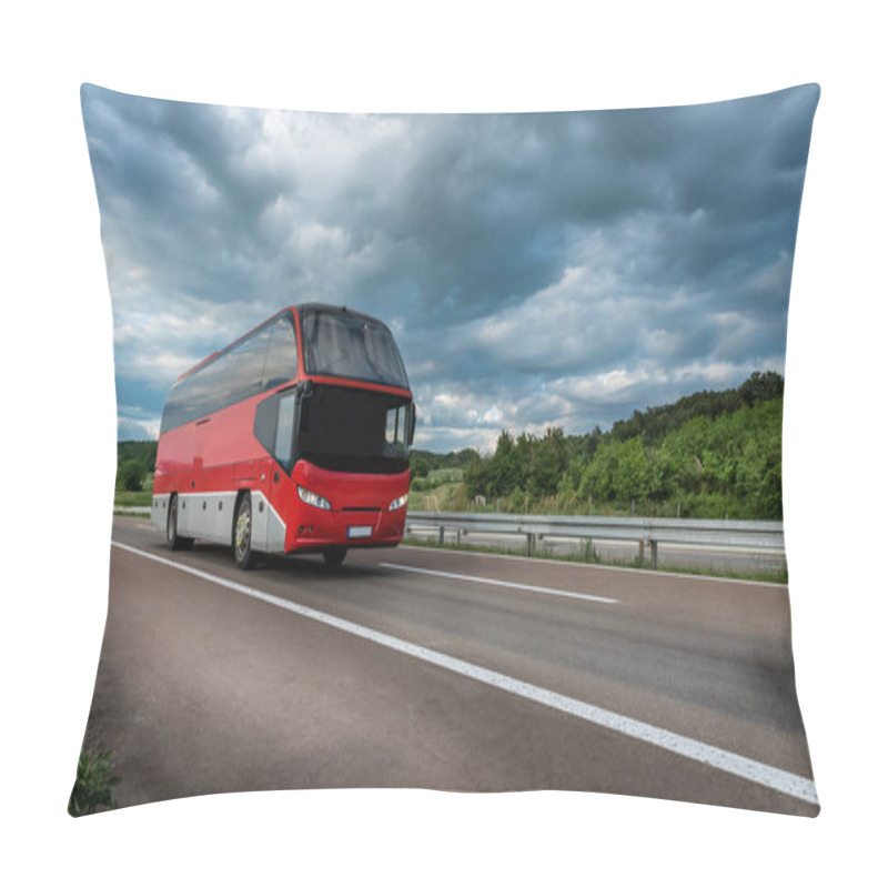 Personality  Generic Red Modern Comfortable Tourist Bus Driving Through Highway On A Cloudy Day. Travel And Coach Tourism Concept. Trip And Journey By Vehicle Pillow Covers