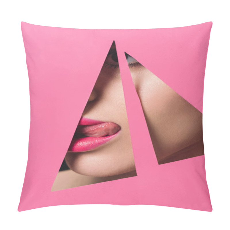 Personality  Woman With Pink Lips Sticking Out Tongue Across Holes In Paper Pillow Covers