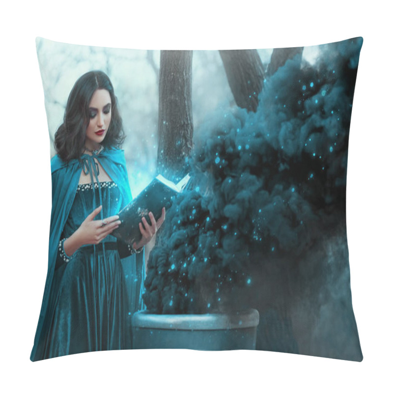 Personality  Halloween Woman Witch Conjures, Holds Book In Hands Reads Spell Black Magic Smoke Rises From Boiling Vat. Gothic Sexy Girl Magician Sorceress. Blue Medieval Dress Cape. Forest Trees Dark Autumn Nature Pillow Covers