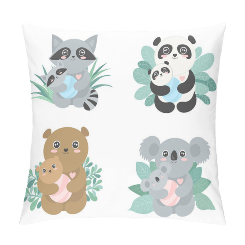 Personality  Set Of Vector Cute Animal Moms With Babies In The Bushes. Pillow Covers