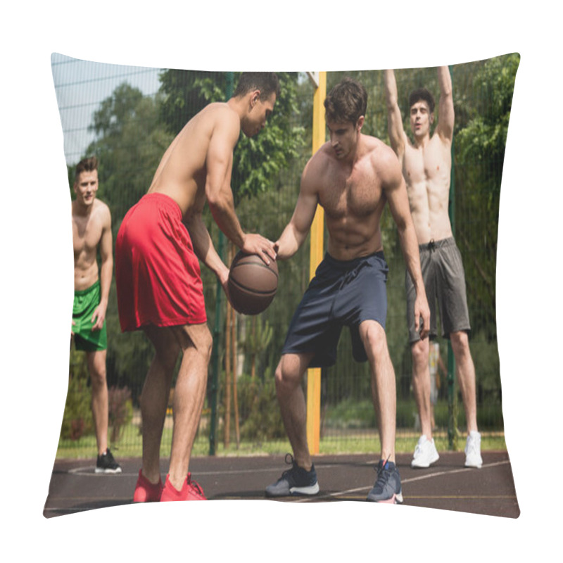 Personality  Shirtless Sportsmen Playing Basketball At Basketball Court In Sunny Day Pillow Covers