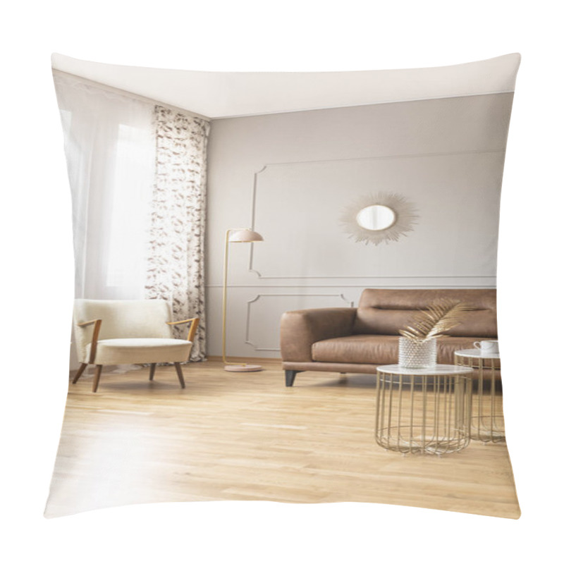 Personality  Real Photo Of Full Of Light Daily Room With Retro Armchair, Lamp, Brown Leather Couch And Stylish Tables Pillow Covers