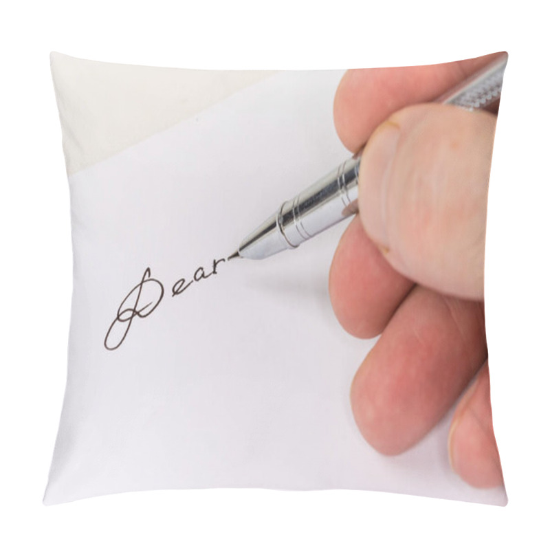 Personality  Modern Metal Fountain Pen In Hand Above The White Paper Sheet With Word Salutation 