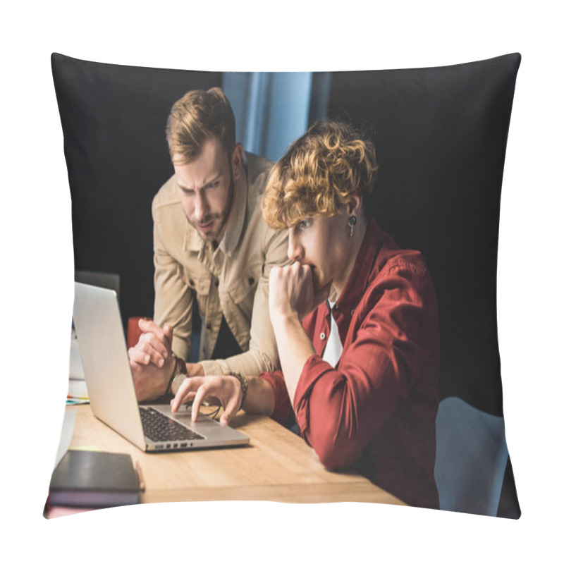 Personality  Handsome Confused Male It Specialists Using Laptop In Office Pillow Covers