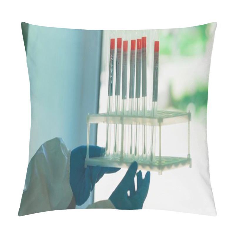 Personality  Hands Of A Medical Worker In Rubber Gloves Holds Stand With Test Tubes System For Diagnosis Of Coronavirus Disease. City Hospital. May, 2020, Brovary, Ukraine Pillow Covers