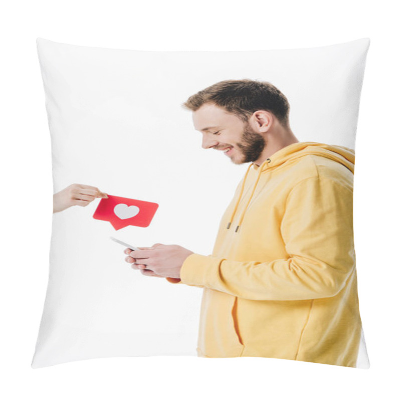 Personality  Cropped View Of Woman Giving Red Paper Cut Card With Heart Symbol To Young Man Using Smartphone Isolated On White Pillow Covers