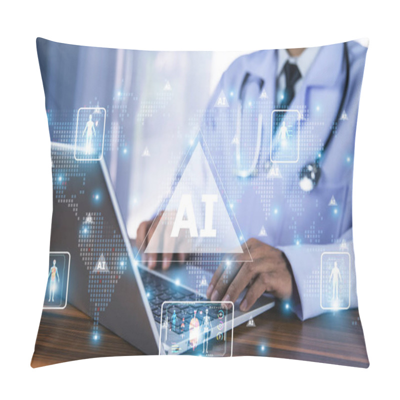 Personality  Doctor Using Computer AI Artificial Intelligence Technology Machine Learning To Research Treatment Innovation For Patient Convenient Fast Healthcare. AI Artificial Intelligence Technology Healthcare Pillow Covers