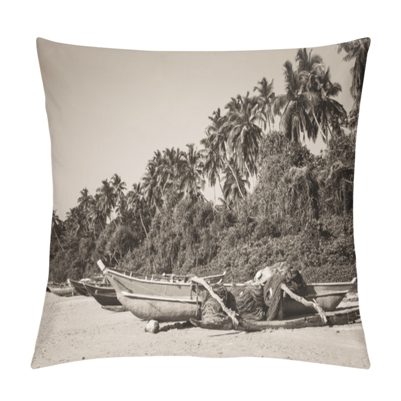 Personality  Fishing Boats On A Tropical Beach With Palm Trees In The Backgro Pillow Covers