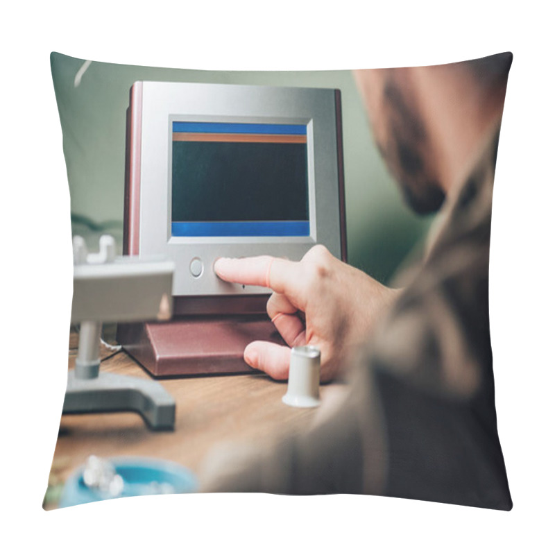 Personality  Selective Focus Of Clockmaker Working With Watch Tester At Table Pillow Covers