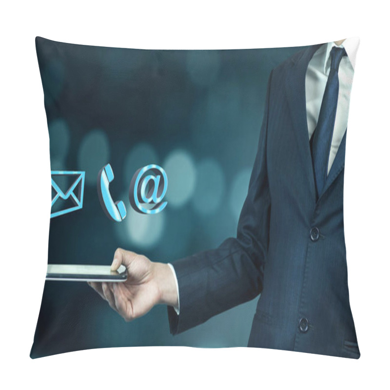 Personality  Businessman Showing Contact Us Icons Over  Virtual Screen. Pillow Covers