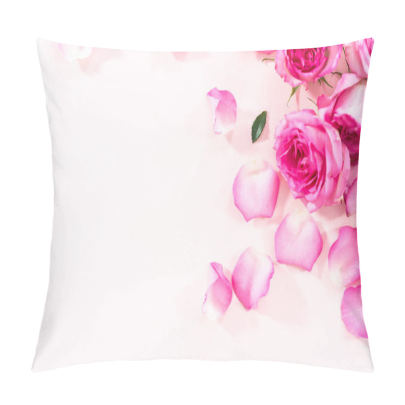 Personality  Flat Lay. Pink Roses And Rose Petals On A Pink Background. Pillow Covers