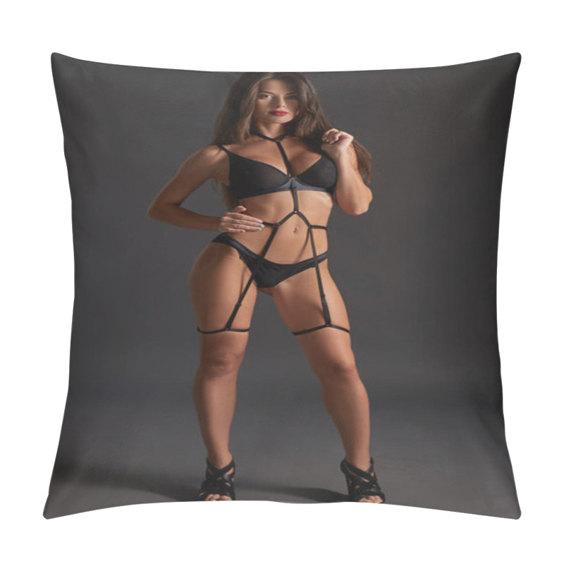 Personality  Beautiful Woman In Underwear And Leather Bandage. Sexy Body Girl Weared Swordbelt Posing Against Dark Grey Background. Pillow Covers