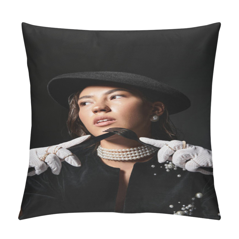 Personality  The Sophisticated Woman Wears A Stylish Hat And Gloves, Exuding Elegance And Grace. Pillow Covers