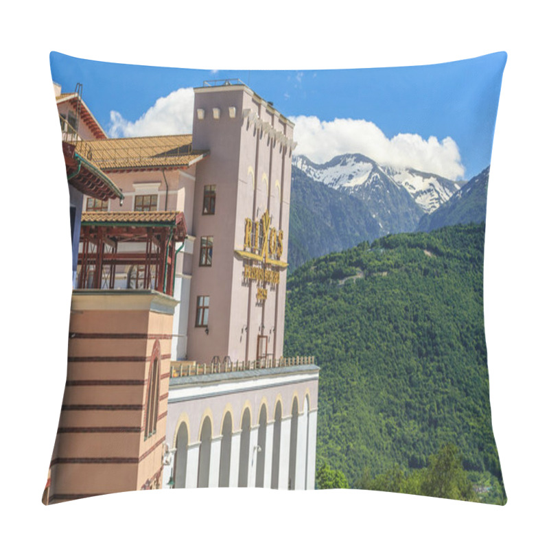 Personality  Sochi, Russia - June 7, 2015: Beautiful Sunny Landscape Of Modern Rixos Hotel Building At Gorky Gorod Mountain Ski Resort On Green Forest, Snowy Mountain Peaks And Blue Sky Summer Background Pillow Covers