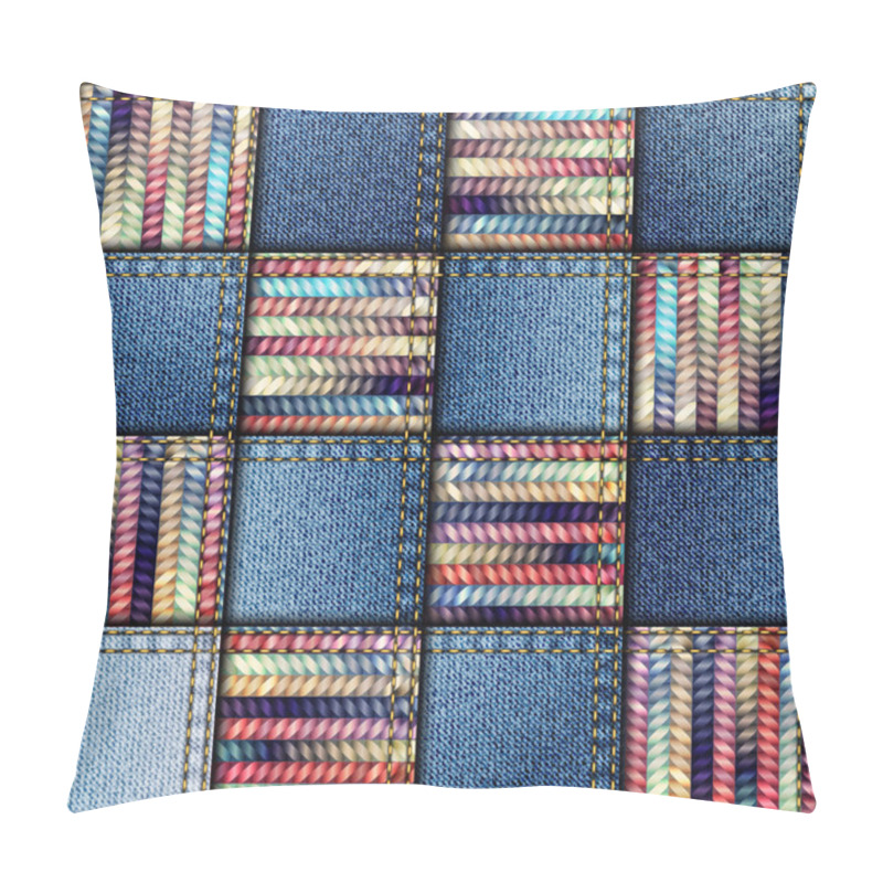 Personality  Patchwork Quilt From Scraps Of Denim And Knit Pillow Covers