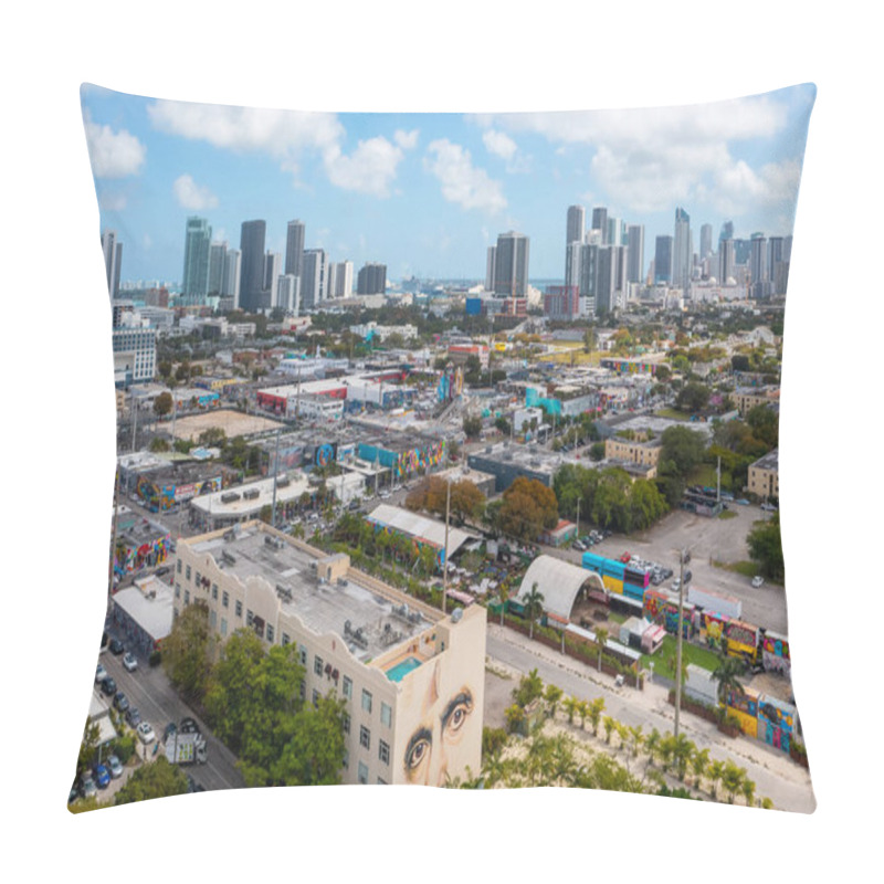 Personality  Aerial Drone Shot Of Artistic Area In Wynwood, Miami, Intervened Buildings, Colorful, Modern Towers And Condos, Blue Sky, Pillow Covers