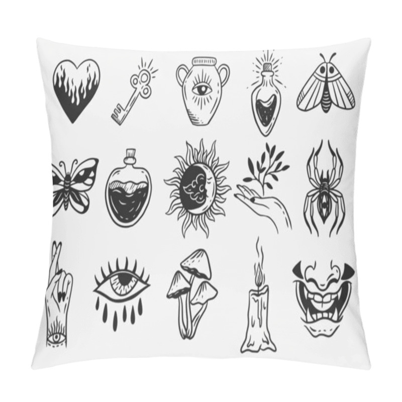 Personality  Set Collection Mystical Celestial Dark Holy Simple Minimalism Tattoo Clipart Symbol Space Doodle Esoteric Elements Vintage Illustration Pillow Covers