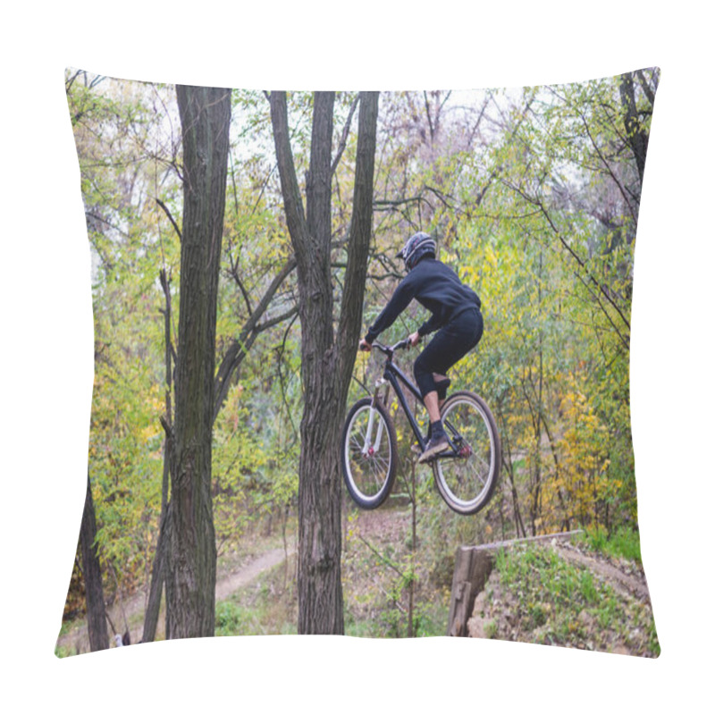 Personality  Extreme Cycling Concept: Mountain Bike Rider Makes A Jump. Pillow Covers