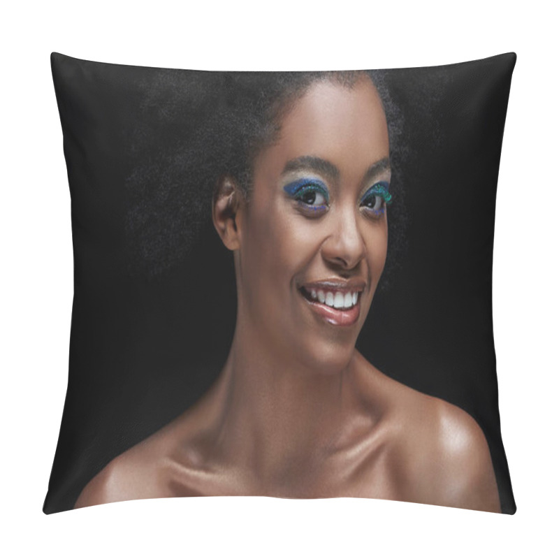 Personality  Portrait Of Cheerful African American Model With Bright Blue Eyes Shadows Isolated On Black Pillow Covers