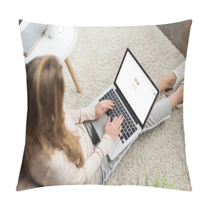 Personality  High Angle View Of Woman At Home Sitting On Floor And Using Laptop With Google Website On Screen Pillow Covers