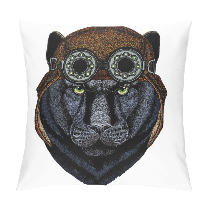 Personality  Black Panther, Puma. Head Of Animal. Wild Cat Portrait. Aviator Flying Leather Helmet With Googles. Pillow Covers