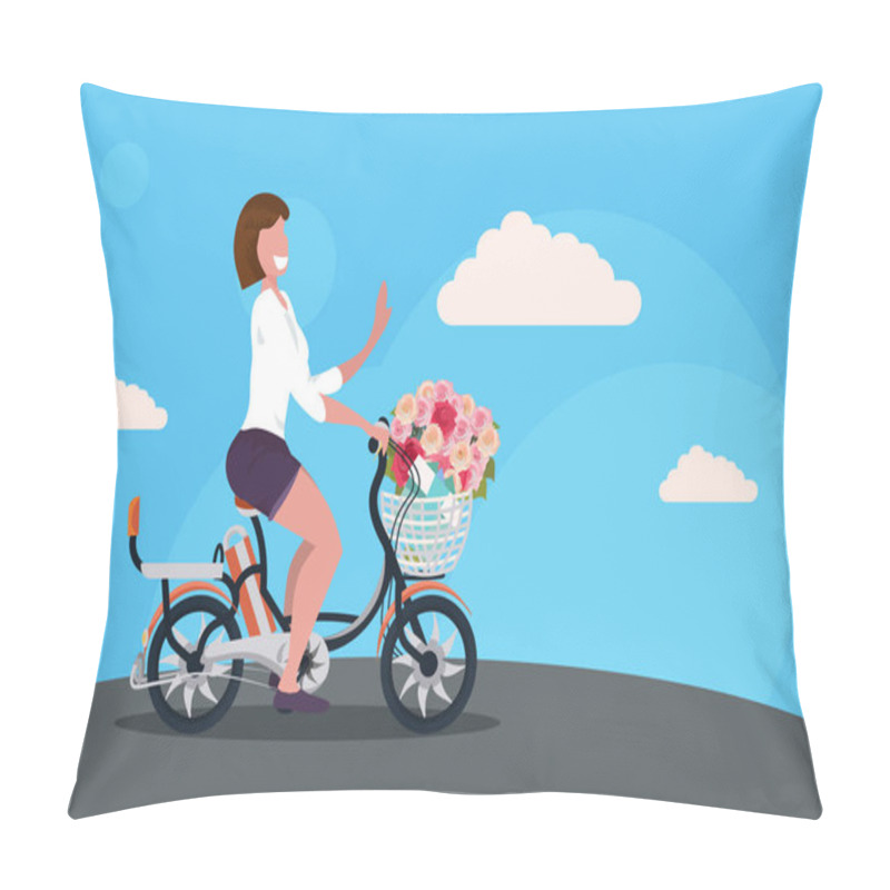 Personality  Woman Cycling Bicycle Carrying Flowers Bouquet In Basket Happy Womans Day Concept Girl Riding Bike Female Cartoon Character Full Length Horizontal Flat Pillow Covers