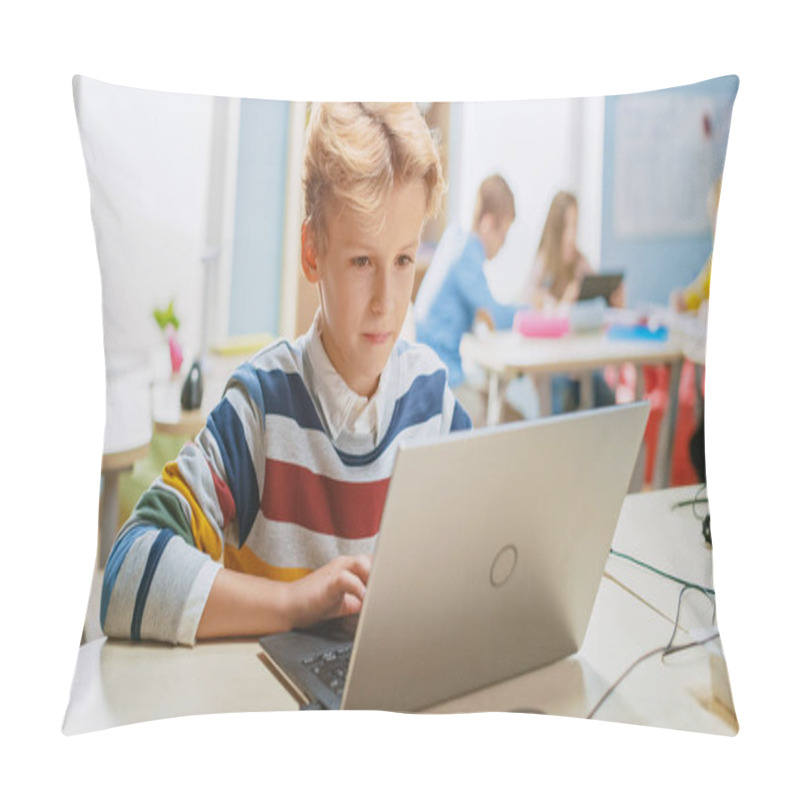 Personality  Smart Schoolboy Uses Laptop To Program Software For Robotics Engineering Class. Elementary School Science Classroom With Gifted Brilliant Children Working With Technology Pillow Covers