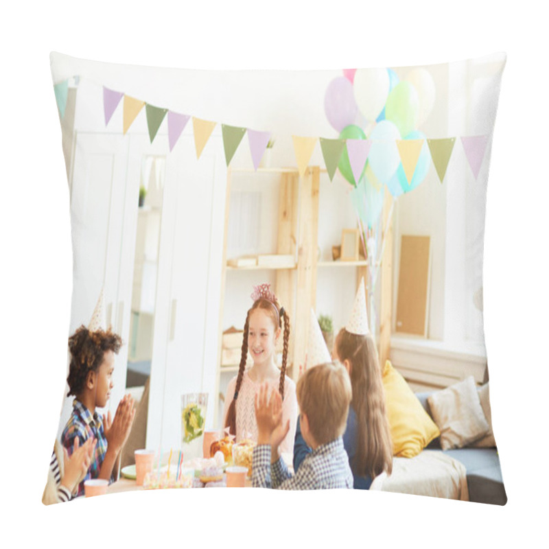 Personality  Portrait Of Happy Red Haired Girl Celebrating Birthday  Party Sitting At Table With Friends, Copy Space Pillow Covers