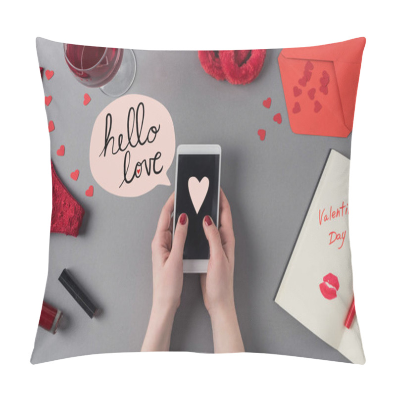 Personality  Cropped Image Of Woman Holding Smartphone With Heart On Screen, Valentines Day Concept Pillow Covers