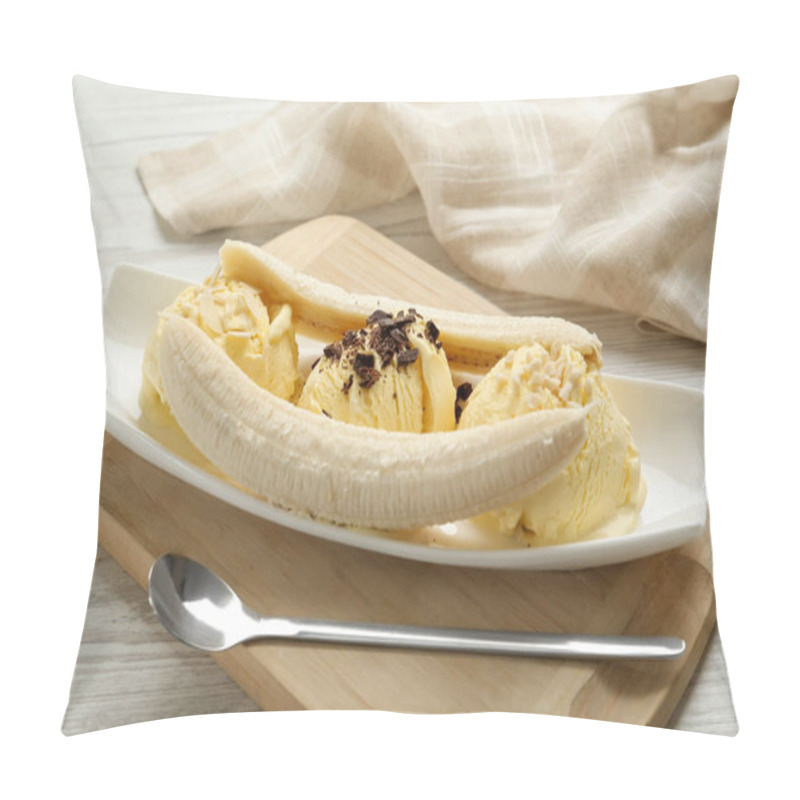 Personality  Delicious Banana Split Ice Cream With Toppings On White Wooden Table , Closeup Pillow Covers