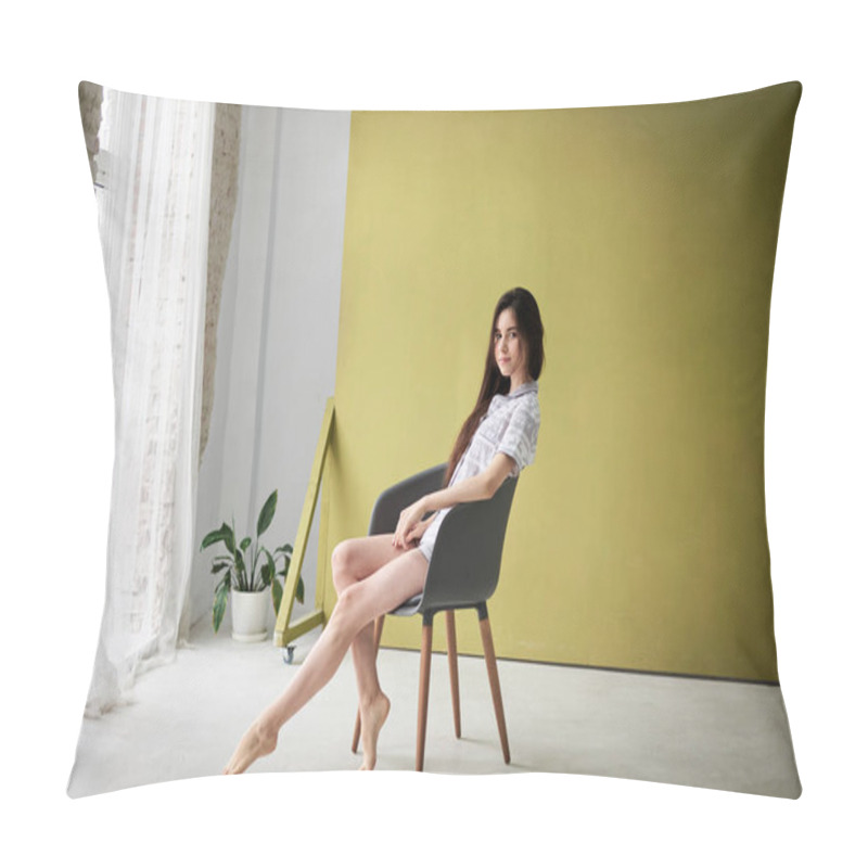 Personality  Young Pretty Slim Brunette Woman, Wearing Grey And White Pajamas With Christmas Pattern, Sitting In Grey Chair In Front Of Light Green Lemon Wall. Sleepwear Design. Cute Girl In The Morning. Christmas Pillow Covers