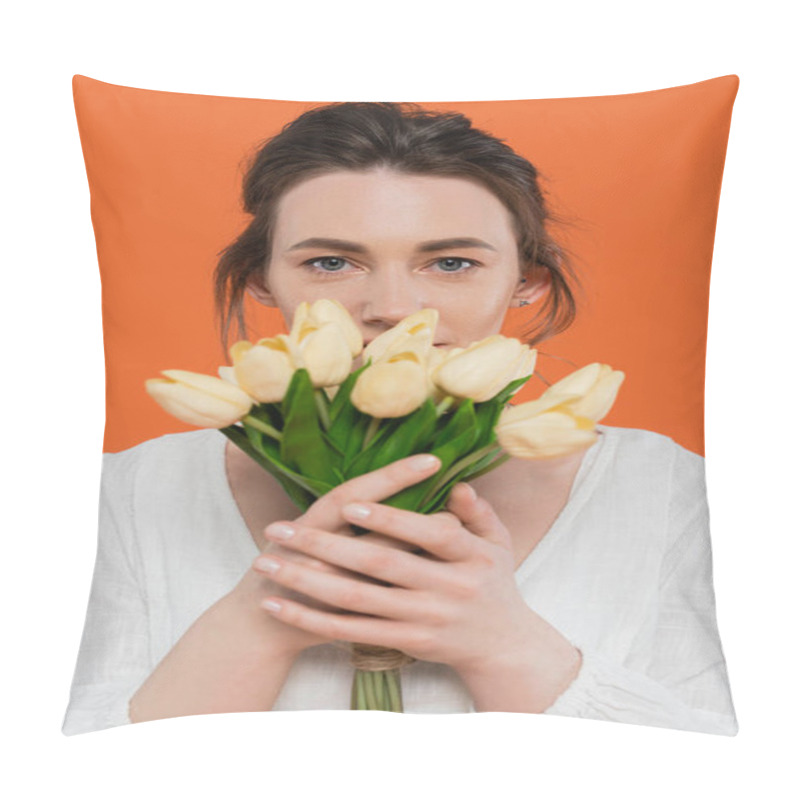 Personality  Bouquet Of Flowers, Everyday Fashion, Young Woman In White Sun Dress Holding Yellow Tulips And Standing On Orange Background, Lady In White, Vibrant Background, Fashion, Summer  Pillow Covers