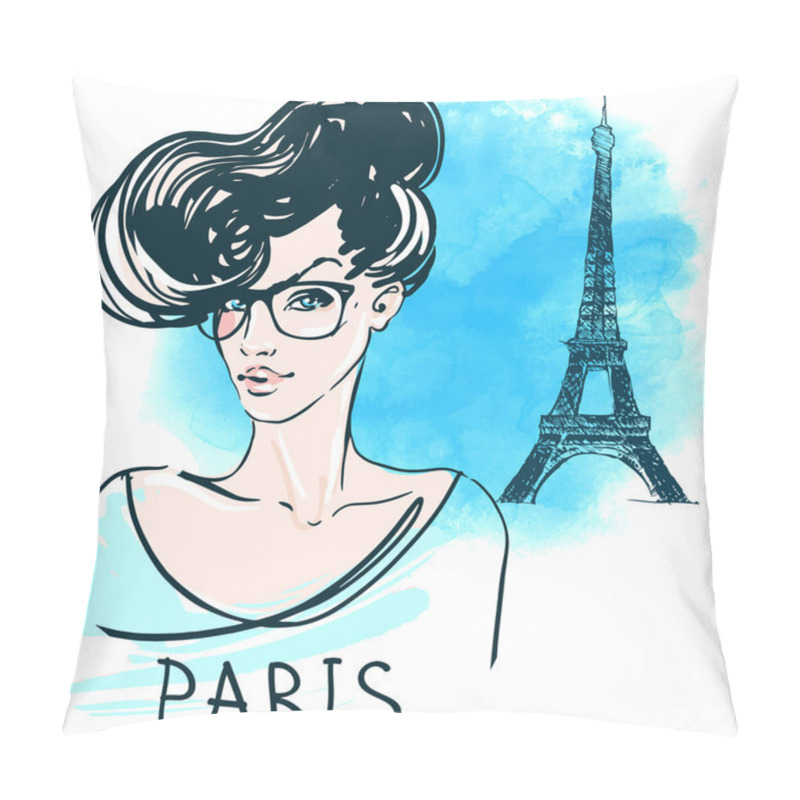 Personality  French Woman In Eyeglasses With Eiffel Tower Pillow Covers