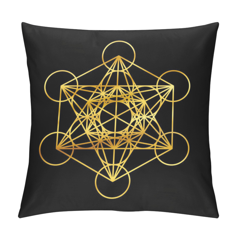 Personality  Metatron Cube Gold Symbol Isolated On Black Background. Sacred Geometry Metatron's Cube Golden Symbol. Pillow Covers