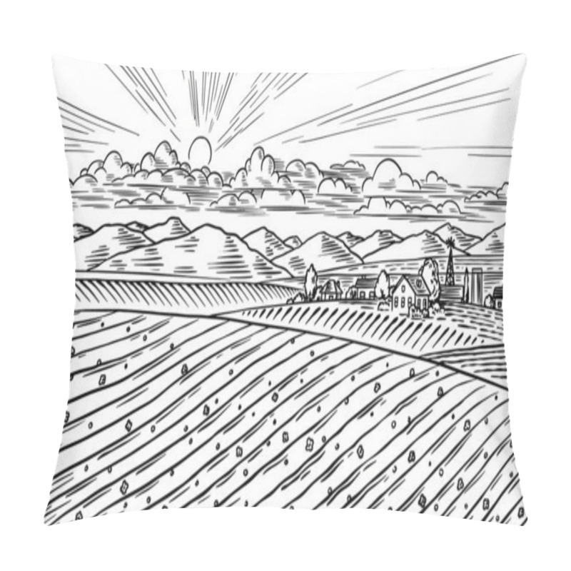 Personality  Rural Meadow. A Village Landscape With Hills And A Farm. Sunny Scenic Country View. Hand Drawn Engraved Sketch. Vintage Rustic Banner For Wooden Sign Or Badge Or Label. Pillow Covers