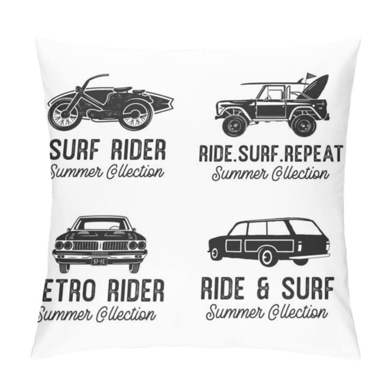 Personality  Flat Style Vector Illustrations With Various Modern And Retro Vehicles And Summer Collection Inscriptions Against White Background Pillow Covers