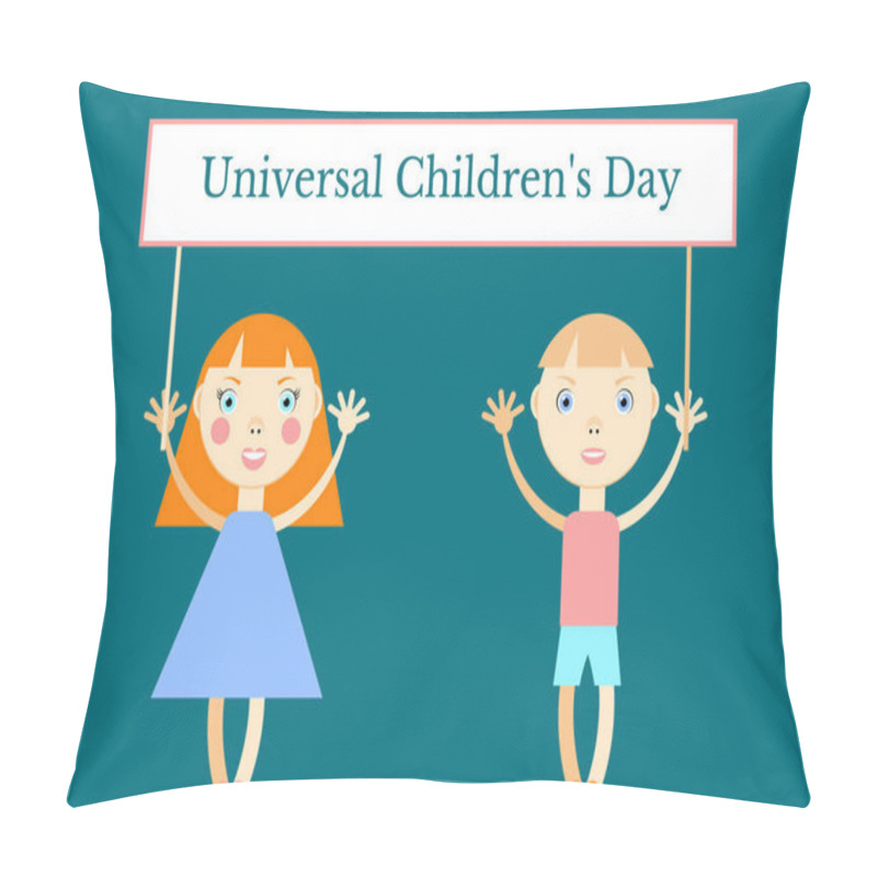 Personality  Universal Childrens Day. Concept Of A Social Holiday. Girl And Boy Holding A Banner With The Name Of The Event. Cartoon Style Pillow Covers