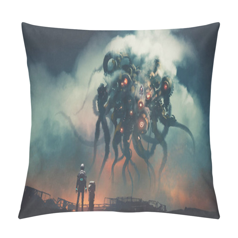 Personality  The Futuristic Man Standing And Facing The Tentacle Robot, Digital Art Style, Illustration Painting Pillow Covers