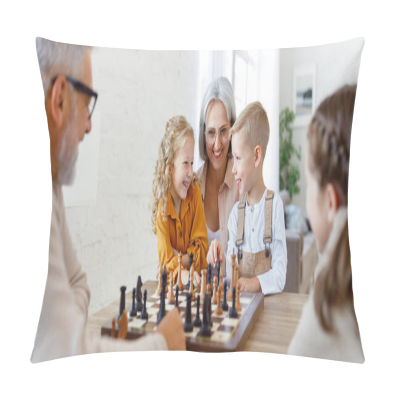 Personality  Children Brother And Sister Playing Chess While Sitting In Living Room With Senior Grandparents Pillow Covers