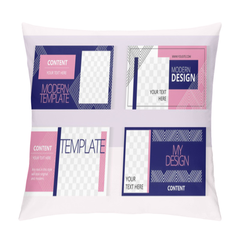 Personality  Elegant Pink And Dark Blue Linear Patterns. Background Set Horizontal Banner Templates With Frame For Images. Pillow Covers