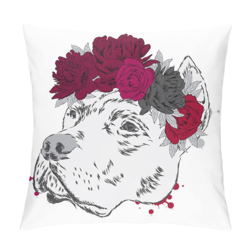 Personality  Pitbull In A Wreath Of Flowers. Dog Vector. Pillow Covers