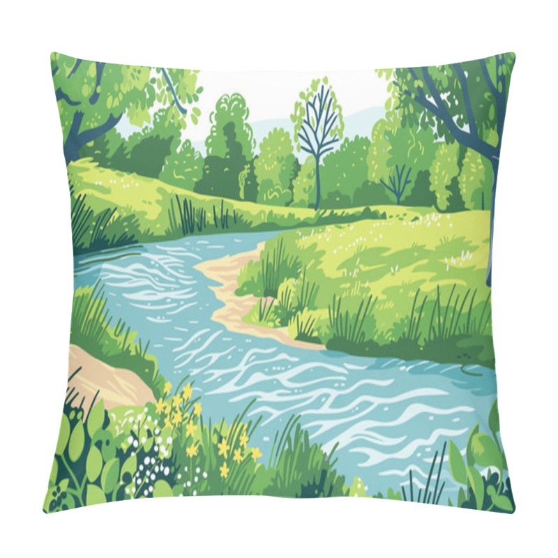 Personality  Vector Illustration Of A Beautiful River Scenery. Sunny Summer Day Pillow Covers