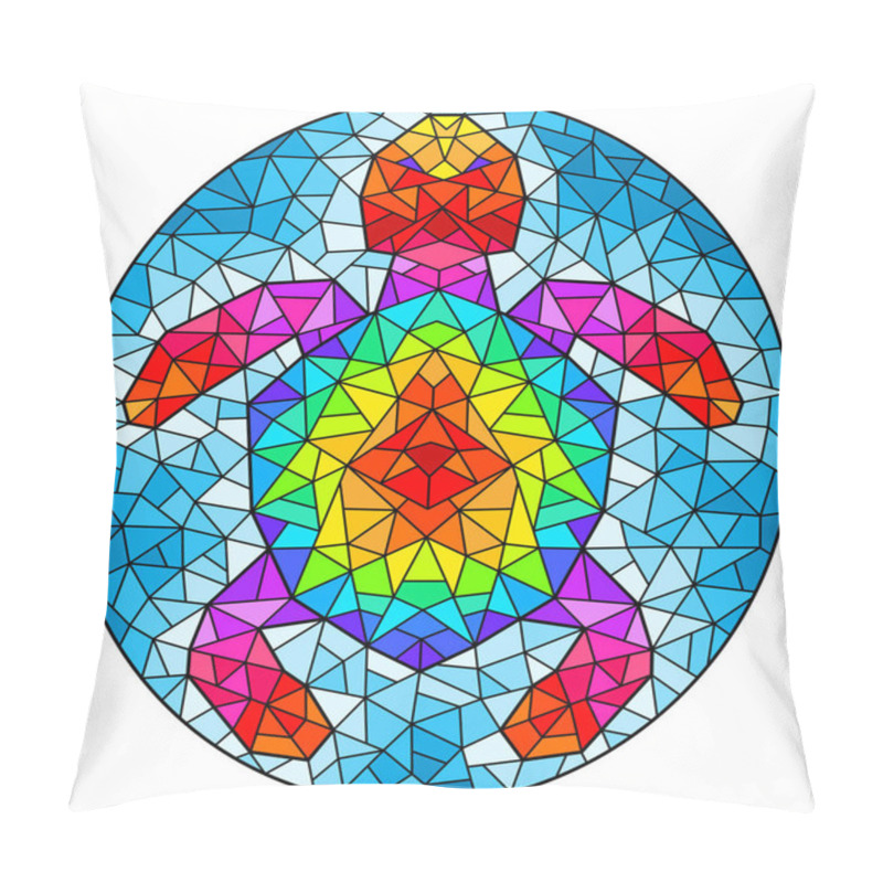 Personality  Illustration In Stained Glass Style With An Abstract Rainbow Mosaic Turtle On A Blue Background, Oval Image Pillow Covers