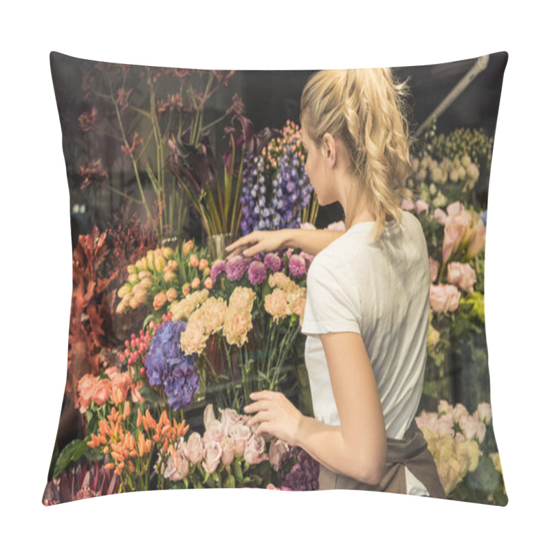 Personality  Back View Of Florist Taking Care Of Bouquets In Flower Shop Pillow Covers